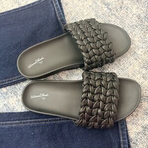 Black Woven Slide Sandals Vegan Leather